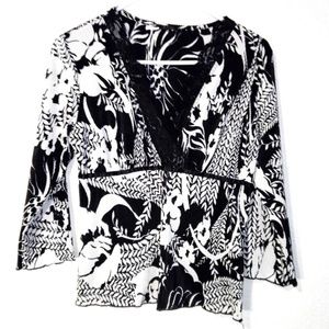 Black White Floral Ribbed Blouse Swim Pool Lounge